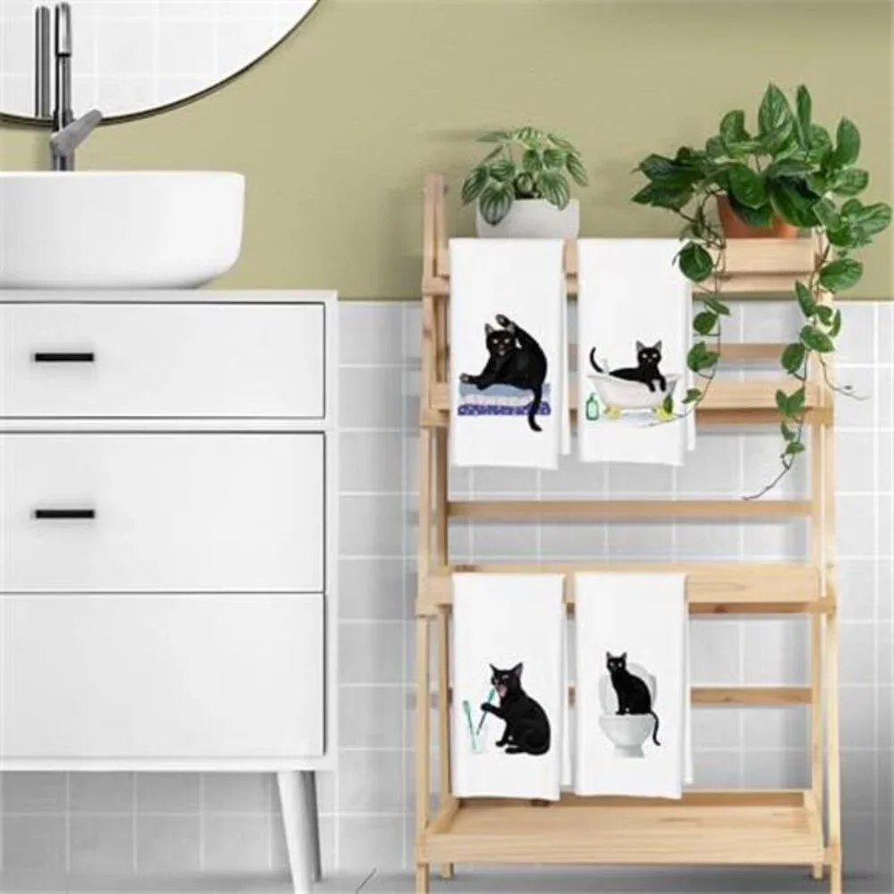 Black Cat Hand Towels for Bathroom Set of 4 - Cat Hand Towels for Cat Lovers